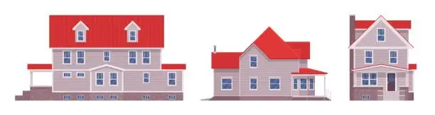 Vector illustration of Red roof white facade house cartoon set