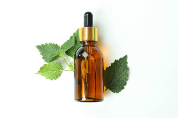 istock Bottle of nettle essence oil on white background 1441367419