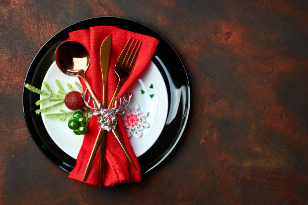 istock Christmas And New Year Holiday Table Setting with copy space, plate. 1441367920