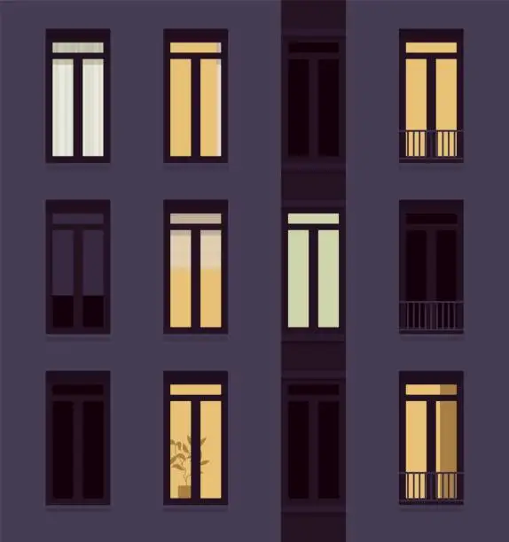 Vector illustration of Night light house facade of dark, lighted windows