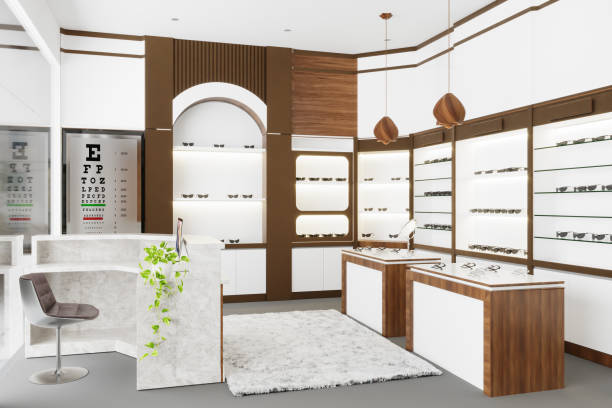 istock Eyeglasses Showcase And Eye Chart In Stylish Optic Shop 1441368978