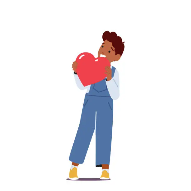 Vector illustration of Little Boy Character Holding Big Red Heart in Hands. Concept of Love, Donation, Organ Transplantation. Happy Child