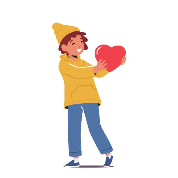 Vector illustration of Concept Love, Charity, Gratitude, Donation. Little Boy Character Holding Big Red Heart in Hands. Happy Child with Heart