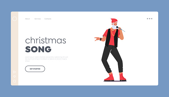 Christmas Song Landing Page Template. Trendy Santa Claus Singing Rock or Rap Music on Scene, Hipster Father Noel Character in Modern Clothes and Hat Hold Microphone. Cartoon People Vector Illustration