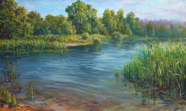 ilustrações de stock, clip art, desenhos animados e ícones de sandbank of the river on a summer sunny day, oil painting - riverbank