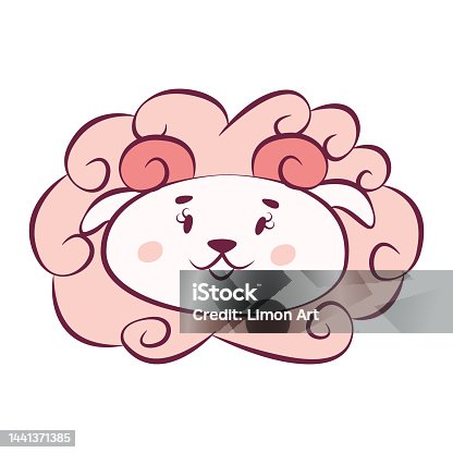 istock Cute kawaii head of a cartoon lamb. Vector pink flat monochrome illustration. Beautiful good fluffy sheep. Print for baby and children's clothes. Hand draw and doodle style image. Cozy clipart. 1441371385