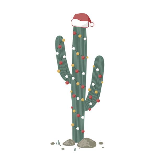 istock Large Christmas cactus decorated with Xmas garland and Santa hat. Vector illustration isolated on white. Flat cartoon clipart for cards, posters, prints 1441371736