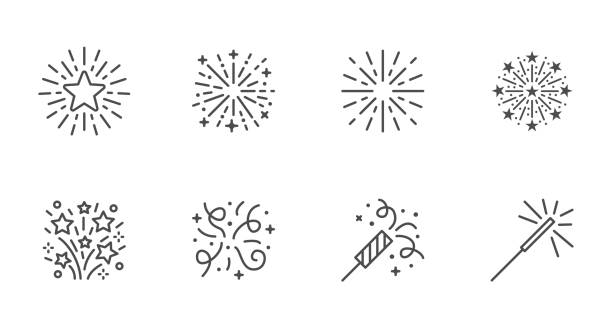 illustrations, cliparts, dessins animés et icônes de jeu d’icônes de ligne de feu d’artifice. confettis étincelants de noël, illustration vectorielle minimale de pétard. panneau simple pour la fête de célébration du nouvel an. trait modifiable - cierge magique illustrations