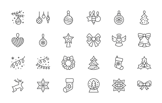 Christmas ornament line icon set. Xmas tree decoration, mistletoe, ball, wreath, angel, star minimal vector illustration. Simple outline sign for New Year toys. Editable Stroke.