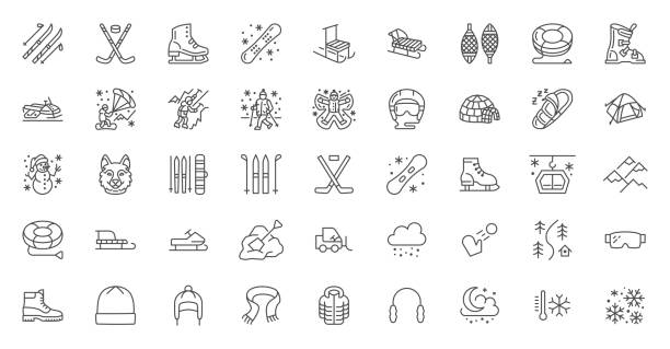 Winter sport vector flat line icons. Outdoor activities equipment snowboard, hockey, sled, skates, snow tubing, ice kiting, husky dog, climbing. Linear pictogram for ski resort. Editable Stroke Winter sport vector flat line icons. Outdoor activities equipment snowboard, hockey, sled, skates, snow tubing, ice kiting, husky dog, climbing. Linear pictogram for ski resort. Editable Stroke. making snow angels stock illustrations