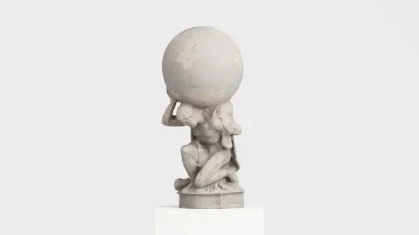 Photo of Atlas Statue Holding up the globe earth Celestial Heavens Pure White concrete cement texture. 3d illustration render