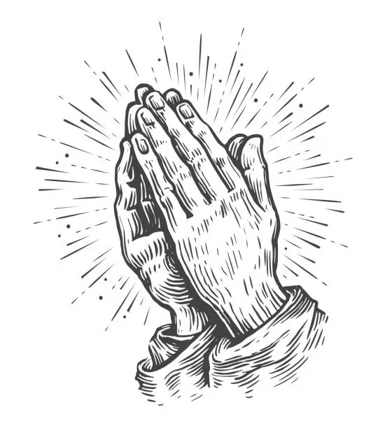 Vector illustration of Sketchy praying hands with sunburst. Two hands in prayer pose. Worship, pray symbol. Sketch vintage vector illustration