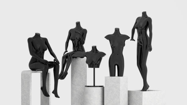 statua di manichino modello in nero per mostrare abiti di moda in un concetto astratto. su supporto per pallet in pietra. isolare su sfondo bianco. rendering 3d - heads up display foto e immagini stock