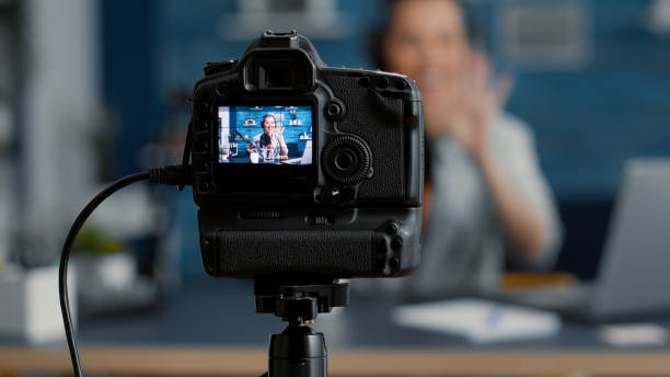 istock Modern camera filming influencer talking to audience 1441373219