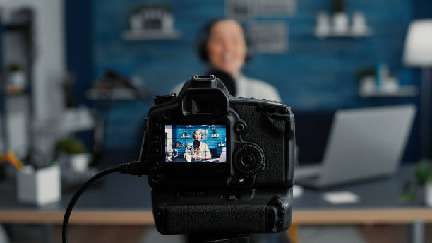 istock Professional modern camera recording internet star talking to audience 1441373401