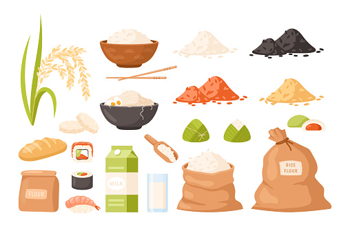 Rice cereal spikelets icon set.  Vector cartoon collection of organic rice products: flour, sushi, mochi, noodles, bread, chips, zongzi, rice bags and milk. Rice plantation. Agricultural product.