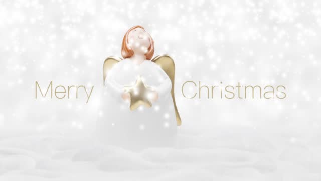 Merry Christmas text on snowing background with angel with golden wings and star in hand, isolated on snowflakes, white Christmas concept template for greeting gift card or promo advertising banner