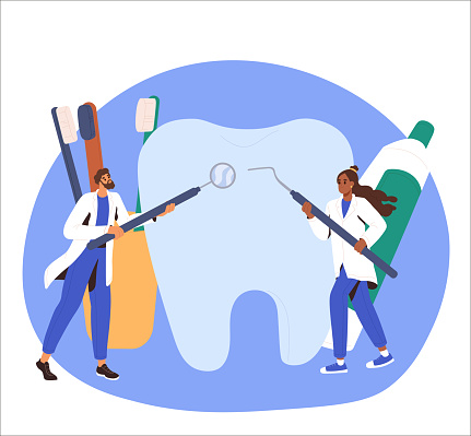 Stomatology, dentistry concept. Dentists examining a giant tooth with dental instruments: mouth mirror, scaler. Toothache, dental clinic banner. Flat vector illustration.