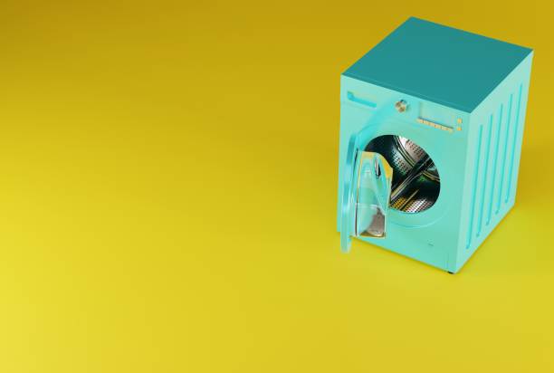istock Washing machine on a yellow pastel background. 1441376618