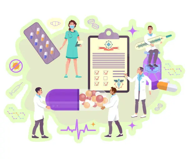 Vector illustration of Medicine concept. Medical staff of the clinic. Painkillers, drugs, pharmacy. Doctors helping to the patients. Flat vector illustration.