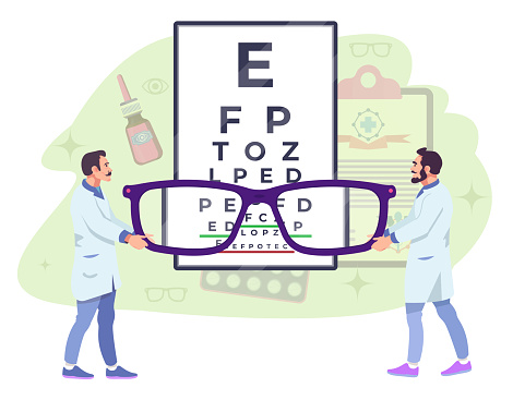 Ophthalmology concept. Eye doctors, oculists. Opticians, ophthalmologists holding eyeglasses. Eyesight examination, checkup. Eye care. Vision chart. Drops, remedy for disease treatment. Flat vector illustration.