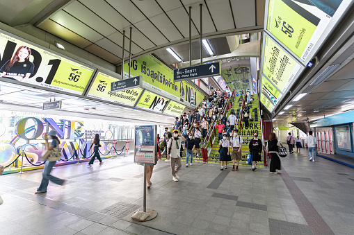 Many People using the BTS SkyTrain at Siam Station on Sunday.