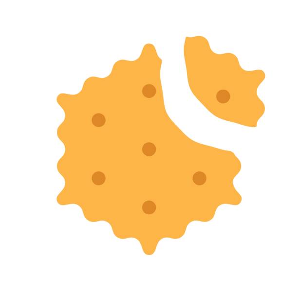 illustrations, cliparts, dessins animés et icônes de icône de vue supérieure de craquelin de fromage croustillant avec bouchée isolée sur fond blanc. enseigne de repas croustillante salée ou logo à plat. dessert de blé cuit au four. illustration vectorielle biscuit cassée pour un petit-déjeuner sain - biscuit cookie cracker missing bite