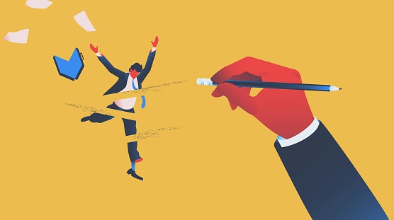 Hand holding pencil erasing an employee. Dismissal or bankrumptcy concept. Vector illustration.