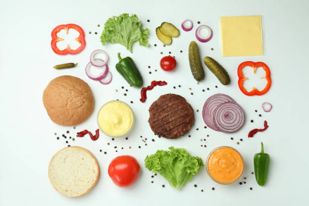 istock Concept of cooking burger on white background, top view 1441380250