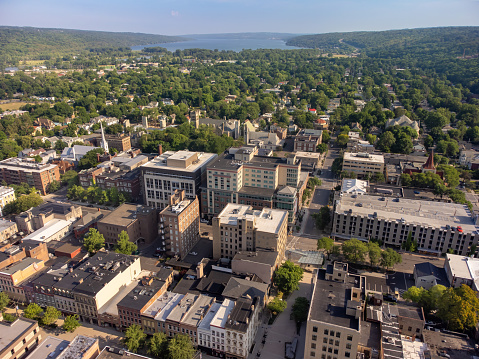 June 26 2022, Early morning aerial summer image of the area surrounding the City of Ithaca, NY, USA