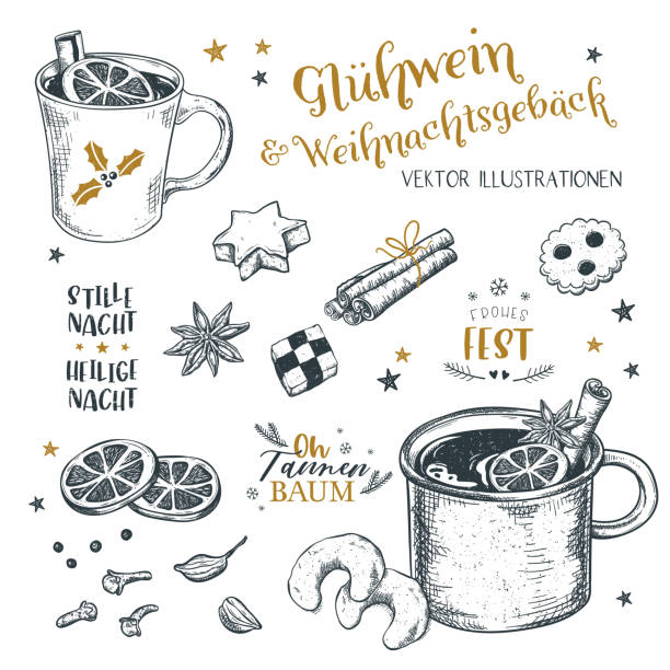 Lovely Mulled Wine illustrations with christmas cookies, ingredients and various German Christmas Sayings, great for Menus, banners, wallpapers - vector design Lovely Mulled Wine illustrations with christmas cookies, ingredients and various German Christmas Sayings, great for Menus, banners, wallpapers - vector design mulled wine stock illustrations