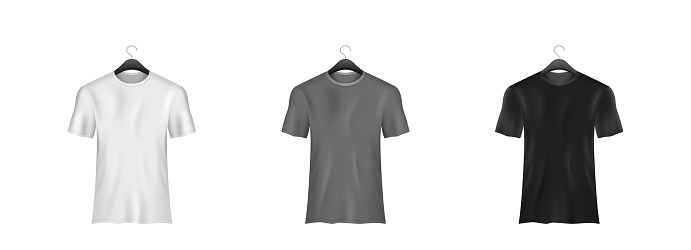 White, gray and black t-shirt set on rack hanger mockup. Sport blank shirt template front view, men and women clothes for fashion, clothing realistic uniform for print. 3d vector illustration