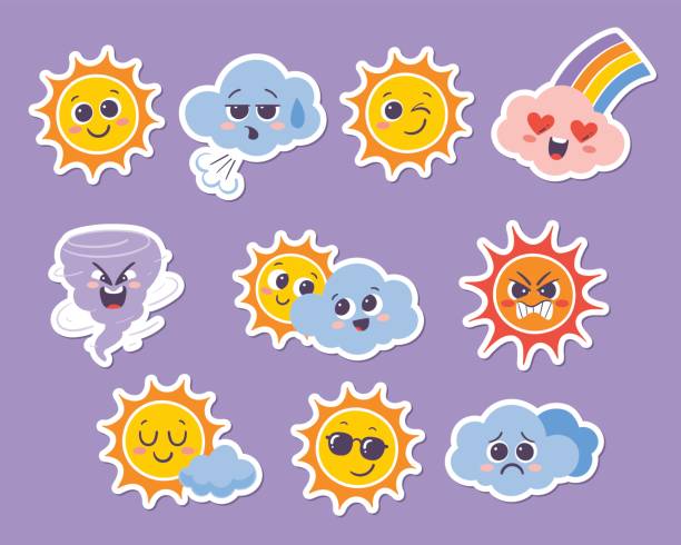 Weather Forecast Emoji Sticker Collection Weather forecast emoji stickers. Funny cartoon stickers of the sun and clouds with different emotions: happy, cool, sad, angry... Set 1 of 2. Vector illustration. 10 sticker collection. angry clouds stock illustrations