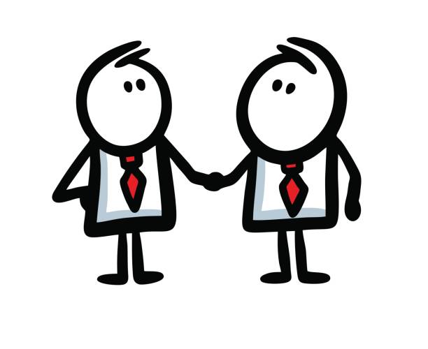 Two businessmen in costumes and ties shake hands in business agreement. Two businessmen in costumes and ties shake hands in business agreement. Vector illustration of stickman characters in office life. funny contract stock illustrations