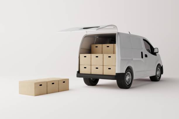 istock Commercial delivery white van with cardboard boxes on white background. 1441388490