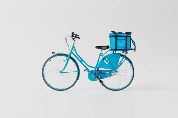 istock Blue bicycle with a bag with food on a white background. 1441388525