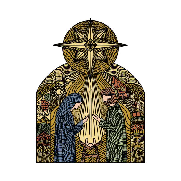 Doodle illustration. Nativity scene. Joseph and Mary with the baby Jesus, with the star of Bethlehem on top. Doodle illustration. Nativity scene. Joseph and Mary with the baby Jesus, with the star of Bethlehem on top. shepherd sheep lamb bible stock illustrations