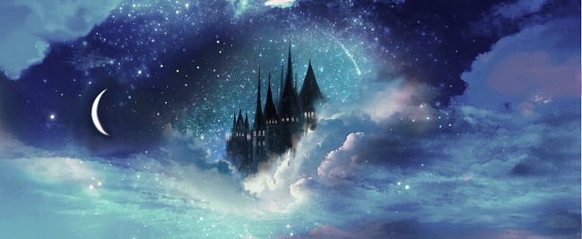 Wide size illustration of a medieval European castle in a sea of clouds with stars and a crescent moon shining in the night sky.