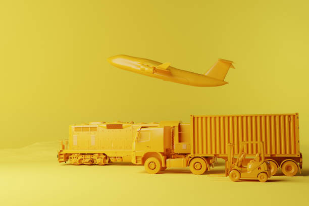 istock A forklift truck, a truck, plane and train on a solid background. 1441389667