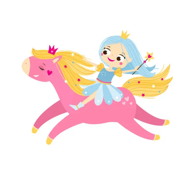 Vector illustration of Cartoon princess girl riding on cute pink unicorn vector illustration