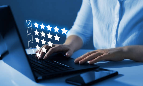 istock Five star rating feedback on virtual sreen.Concept of satisfaction, quality and performance. 1441390398