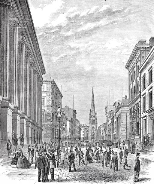 nowy jork, wall street patrząc na zachód w kierunku kościoła trinity na broadwayu, 1866 - 1866 stock illustrations