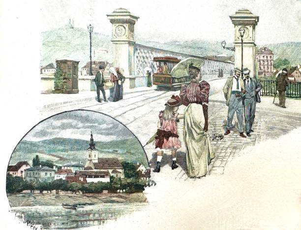 Linz, Austria, iron bridge Illustration from 19th century. linz austria stock illustrations