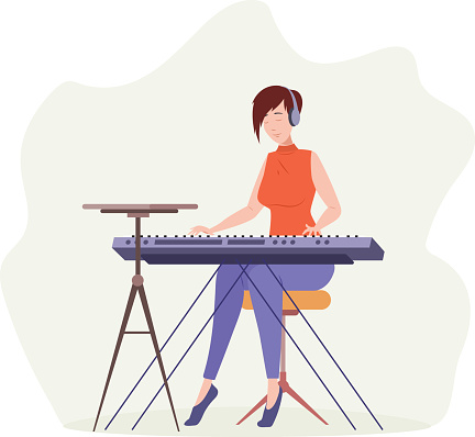 Young woman musician in headphones playing synthesizer at recording studio. Girl piano player performing or recording melody on keyboard musical instrument cartoon vector