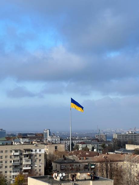 istock Ukrainian flag over the liberated city 1441396454