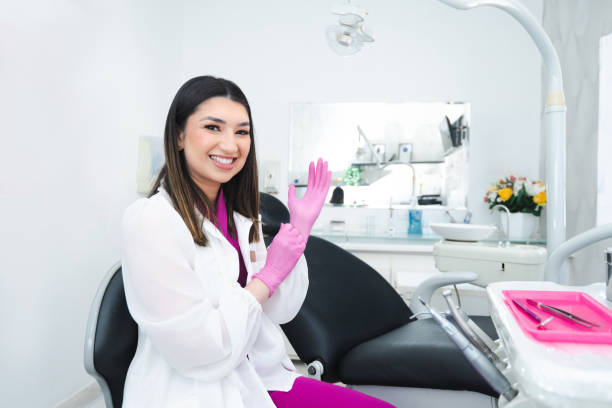 Dentist wearing glove. stock photo