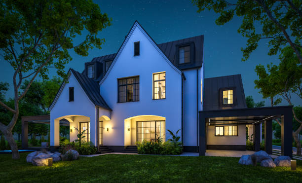istock 3d rendering of white and black modern Tudor house in night 1441397789
