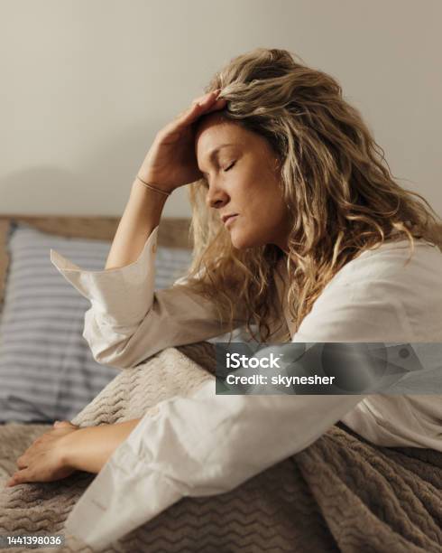 Ugh I Have A Headache Stock Photo - Download Image Now - Adult, Adults Only, Bed - Furniture