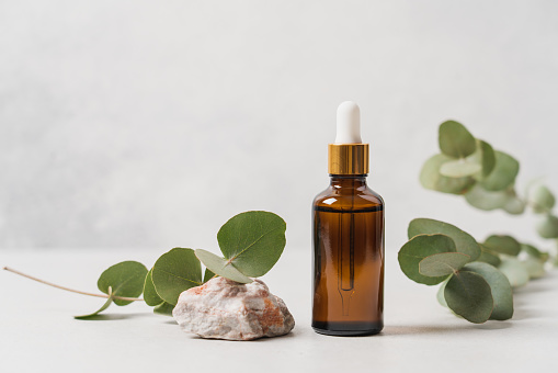 Serum in a bottle with pipette and green eucalyptus leaves on white background