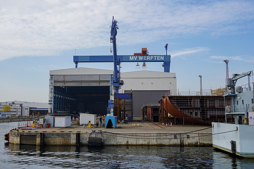 Rostock, Germany - October 30 2022: View over the shipyard of the MV Werften in Rostock Warnemünde.